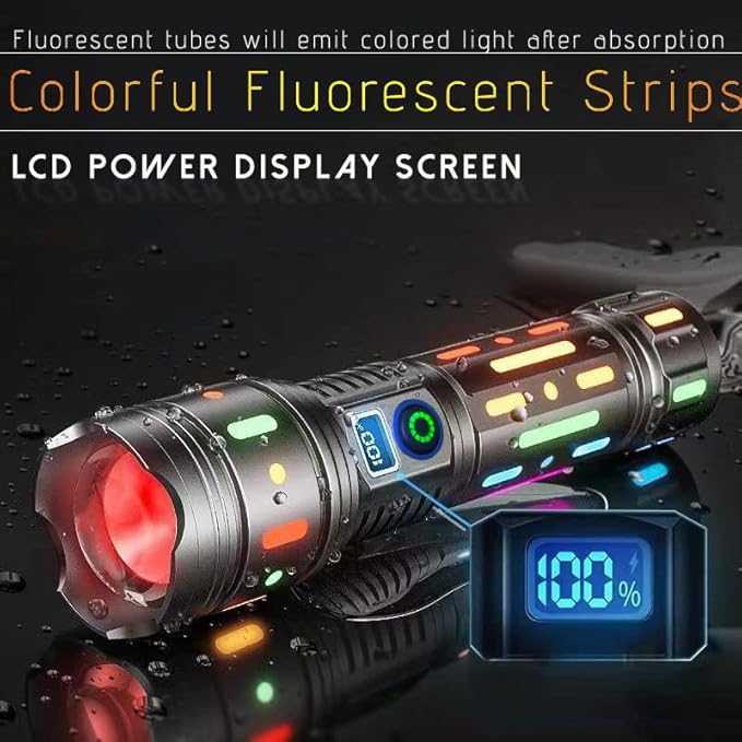 High Powered Handheld Flashlight, Rechargeable LED Flashlights with a Long-range Reach, Colorful Fluorescent Strips Body, Mechanically Zoomable, for Hunting, Searching, Fishing, Exploring, Camping