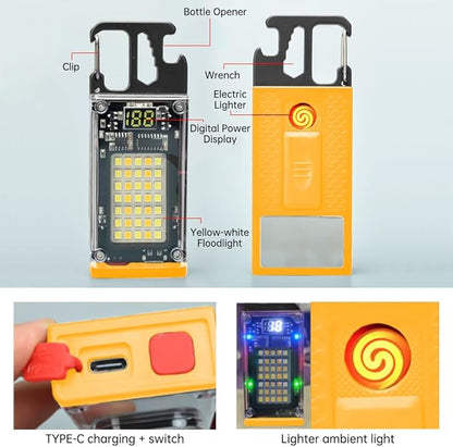 Key Chain Light, LED Small Flashlight, COB Multi-Function Mini Work Light, 1000 Lumens Rechargeable, 8 Lighting Modes with Bottle Opener, Portable Wrench, Fire Starter Function, Black