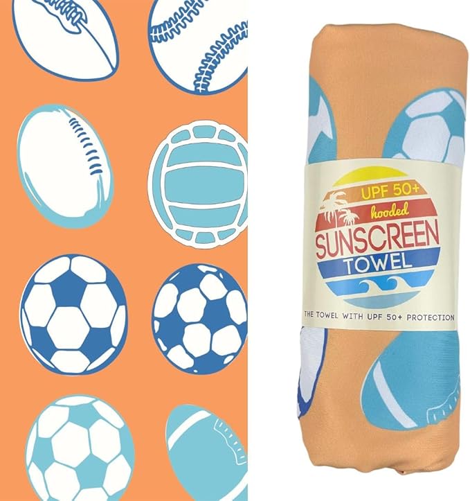 Luv Bug Kids UPF Pool/Beach Towel with Hood, Sunscreen Towel, UV Protection, UPF 50+, Sand Free Absorbent & Quick Dry Swimming Towel for Beaches, Camping, & Travel (30.5" x 40.5", Sports)