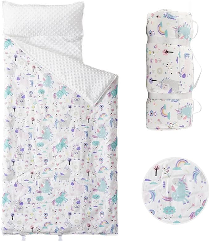 Bunnikins & Clover Toddler Nap Mat with Removable Pillow, Nap Mats for Preschool, Easy Clean Toddler Nap Pad for Kindergarten, Kids Sleeping Bag for Travel Camping