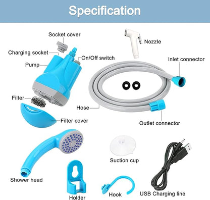 Portable Shower for Camping – Portable Camping Shower with Electric USB Rechargeable Battery,Outdoor Camp Shower Pump for Camping,Hiking,Travel,Pet Cleaning,Car Wash,Water Flower(2 Head)