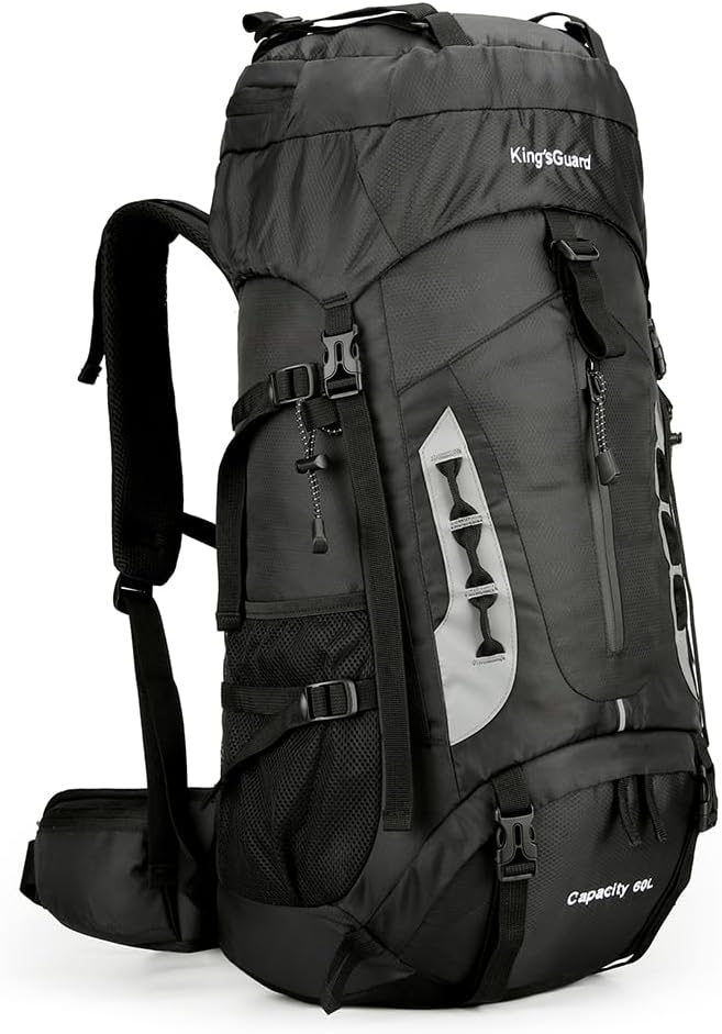 King'sGuard 60L Hiking Backpack Men Women Camping Backpack Waterproof Backpacking Mountaineering Climbing Daypack with Rain Cover (Black)