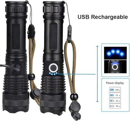 Rechargeable Handheld Flashlight - Super Bright - Zoomable - Adjustable Focus - 5 Modes - High Lumens - Waterproof IPx5 - Tactical for Emergencies, Hiking, Camping, Home & More., Black