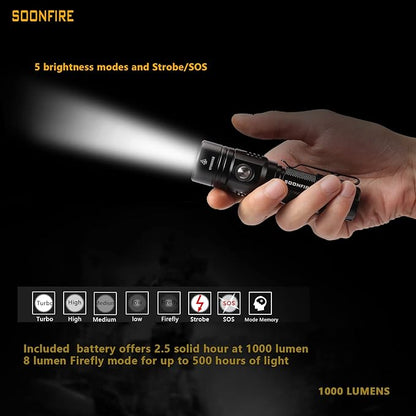 1000 Lumens White LED Flashlight, E USB Rechargeable Waterproof Compact EDC Law Enforcement flashlights (Camping, Emergency Use and Security)