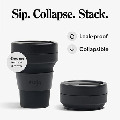 STOJO Collapsible Travel Cup - Carbon, 12oz / 355ml - Leak-Proof Reusable To-Go Pocket Size Silicone Bottle for Hot & Cold Drinks - Camping & Hiking - Dishwasher Safe - No Straw Included