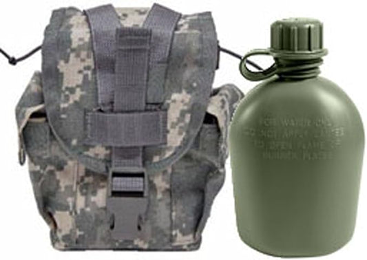 Never Issued U.S. G.I. 1 quart Olive Drab Military Canteen with Previously Issued U.S. G.I. 1 quart ACU MOLLE Canteen/General Purpose Pouch