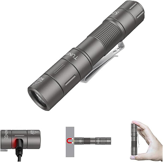 S21 AA Rechargeable Mini Flashlight, 880 High Lumen LED Flashlight, Magnetic Tail Switch EDC Pocket Flashlight, Suitable for Hiking, Camping, Outdoor and Emergency Situations（Gray）