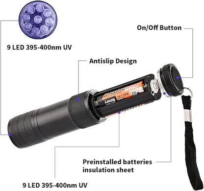 5 Pcs UV Black Light Flashlights Bulk, 9 Led 395-400nm Mini Blacklight Handheld Portable Torch Pet Urine Detector for Bed Bug, Hair, Dog Cat Urine and Stains Batteries Included