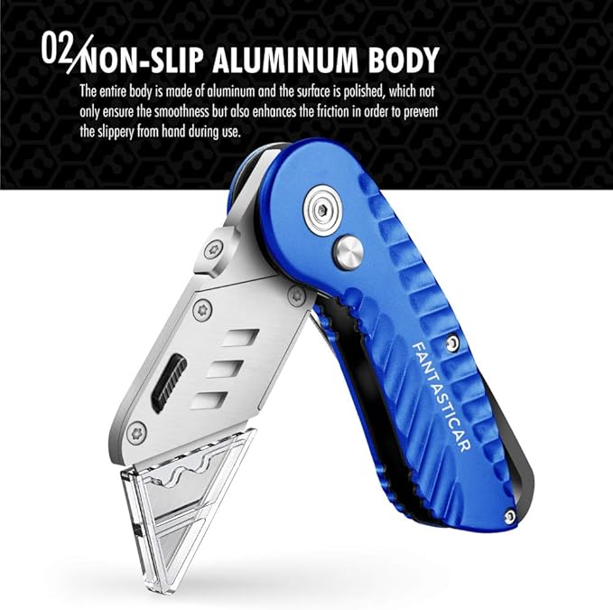 FantastiCAR Folding Utility Knife, Quick Blade Change Box Cutter, Anti-slip Metal Body, with Safety Lock and 5 Extra Blades (Ocean Blue)