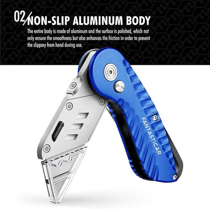 FantastiCAR Folding Utility Knife, Quick Blade Change Box Cutter, Anti-slip Metal Body, with Safety Lock and 5 Extra Blades (Ocean Blue)