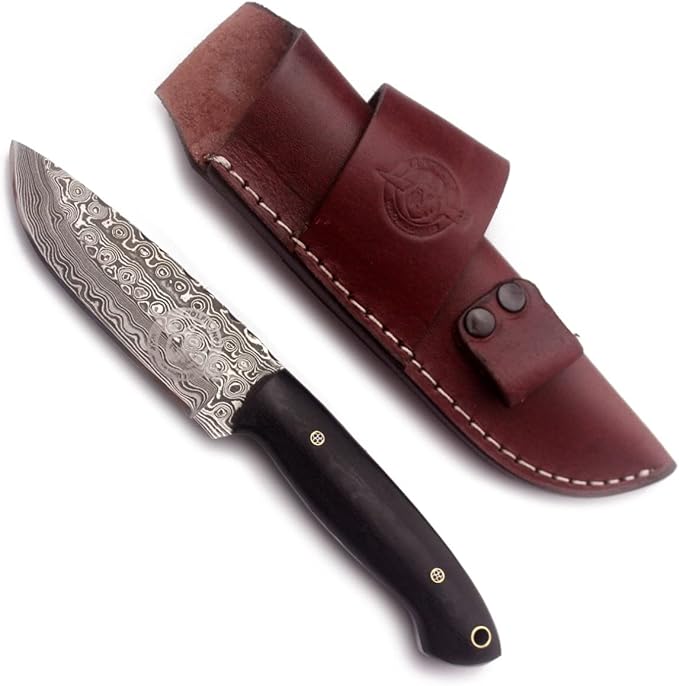 Handmade Damascus Steel Knife for Hunting, Survival,Camping,Bushcrafting and Fishing- Fixed Blade Dagger with Drop Point,Full Tang-Micarta Handle with Cowhide-Leather Sheath DCX 22 -280