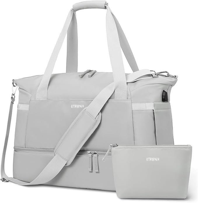 ETRONIK Gym Bag for Women, Travel Duffel Bag with USB Charging Port, Weekender Overnight Bag with Wet Pocket and Shoes Compartment for Women, Travel, Gym, Yoga (Grey)