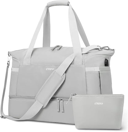 ETRONIK Gym Bag for Women, Travel Duffel Bag with USB Charging Port, Weekender Overnight Bag with Wet Pocket and Shoes Compartment for Women, Travel, Gym, Yoga (Grey)