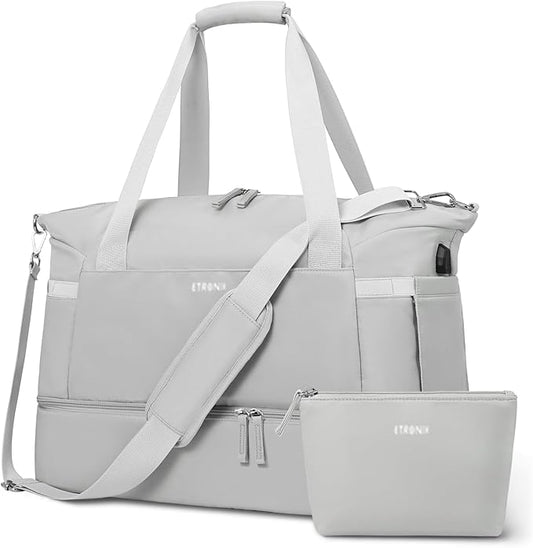 ETRONIK Gym Bag for Women, Travel Duffel Bag with USB Charging Port, Weekender Overnight Bag with Wet Pocket and Shoes Compartment for Women, Travel, Gym, Yoga (Grey)