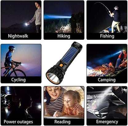 4pcs Solar/Rechargeable Multi Function 1000 Lumens LED Flashlight, with Emergency Strobe Light and 1200 Mah Battery, Emergency Power Supply and USB Charging Cable, Fast Charging