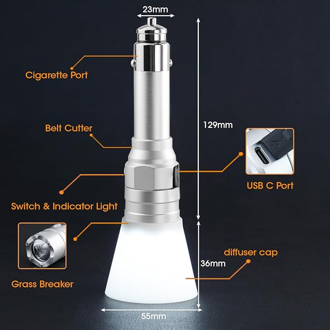 Small Flashlight Rechargeable with Diffuser 12 Volt Car Cigarette Lighter & USB C Charge for Auto Vehicles Emergency, Car Escape, Outdoors, Daily Use