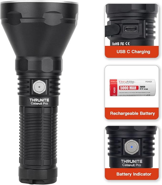 ThruNite Catapult Pro Rechargeable Flashlight, SFT70 LED, 1005 Meters Throw, 2713 High Lumens Bright Searchlight, Long Beam Distance Spotlight for Hiking, Camping, and Hunting - CW