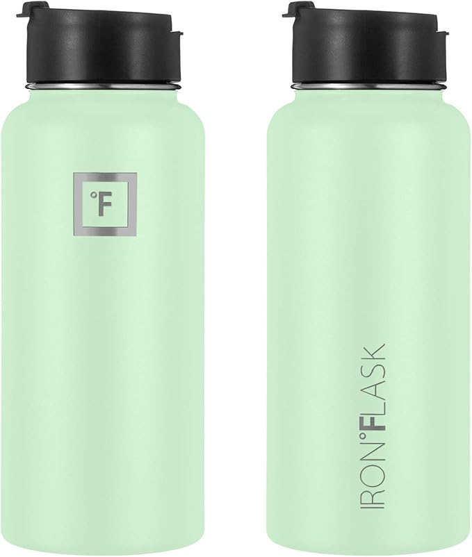 IRON °FLASK Camping & Hiking Hydration Flask, Wide Mouth, 3 Straw Lids, Stainless Steel Outdoor Water Bottle, Double Walled, Insulated Thermos, Metal Canteen - Mint, 32 Oz