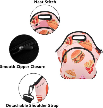 Violet Mist Neoprene Thermal Insulated Lunch Bag Tote Large with Extra Pocket Detachable Adjustable Shoulder Lunchbox Handbags Women men, Hamburger