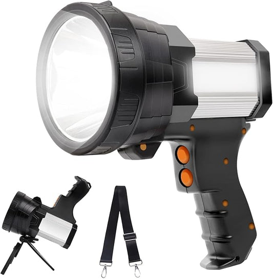 Rechargeable Spotlight Flashlight, 10000 Lumen LED Handheld Spotlight 10000mAh Long Lasting Spot Light Torchlight Searchlight Flood Fishing Hiking Camping Hunting Flashlight USB Output with Tripod
