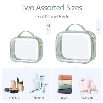 PACKISM TSA Approved Toiletry Bag, 2 Pack Clear Makeup Bags with Handle Large Opening, Clear Toiletry Bag Fit Carry-on Travel Essential, Travel Bags for Toiletries, Laurel Green