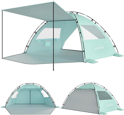 Elegear Beach Tent Sun Shelter with Canopy, 4-5 Person Pop Up Beach Tent, Easy Setup UPF 50+ UV Protection Portable Lightweight Double Silver Coating Cabana Sun Shade Shelter - Green