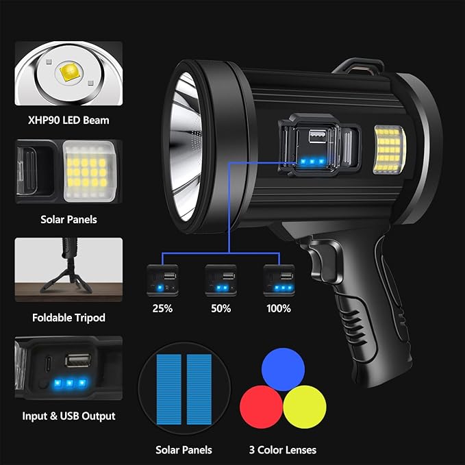100000 Lumen Spotlight, Led Rechargeable Spotlight Flashlight with Tripod, 6 Modes and 3 Colors Filter, Super Bright Solar Spot Lights Outdoor Handheld for Hunting, Boating, Camping, Large