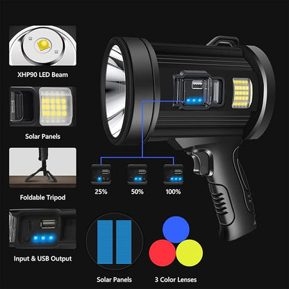 100000 Lumen Spotlight, Led Rechargeable Spotlight Flashlight with Tripod, 6 Modes and 3 Colors Filter, Super Bright Solar Spot Lights Outdoor Handheld for Hunting, Boating, Camping, Large