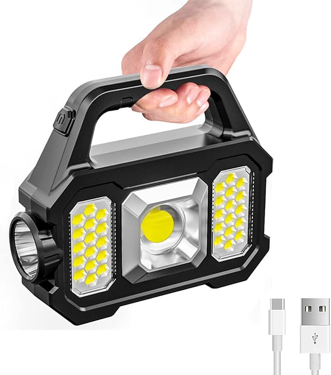 Solar Handheld Flashlight with USB Cable, 6 Modes Rechargeable Multifunction Lights Super Bright LED Searchlight, Lightweight Waterproof Portable Spotlight for Fishing Outdoor Camping Emergencies