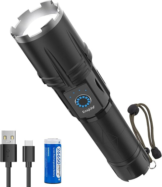 ErayLife Rechargeable Flashlights High Lumens Battery Powered, Powerful Handheld Flashlights for Home Power Outage Camping Emergencies, IP65 Waterproof, Adjustable Focus, 5 Lighting Modes, USB Output