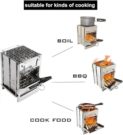 Portable Camping Stove Mini Wood Burning Stove Rocket Stove Folding Stainless Steel Camp Stove Compact Lightweight Backpacking Stove for Tent Outdoor Hiking Cooking BBQ