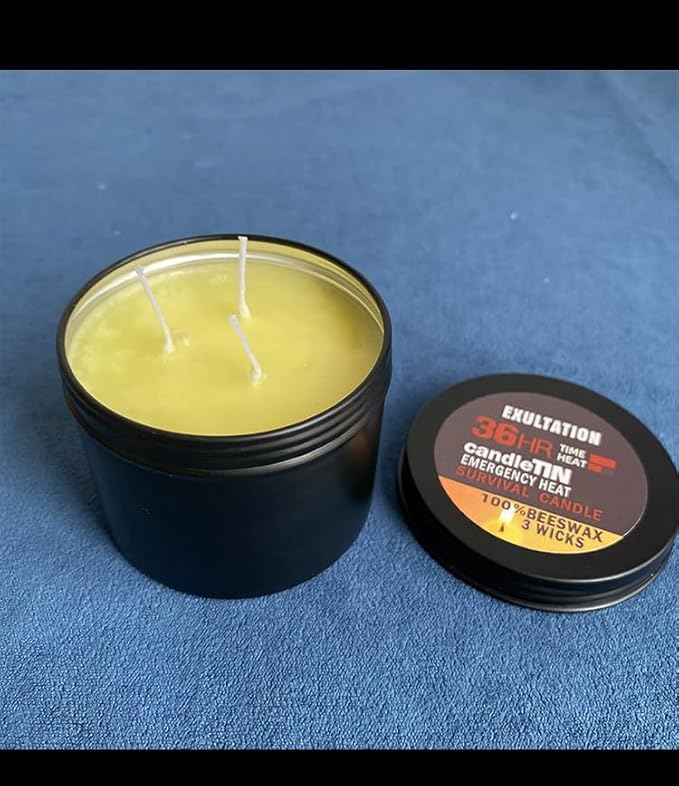 3-Wick Emergency Candle，36 Hours Long Burning, 100% Beeswax, Great Light &Heat Source for Survival, Camping, Black