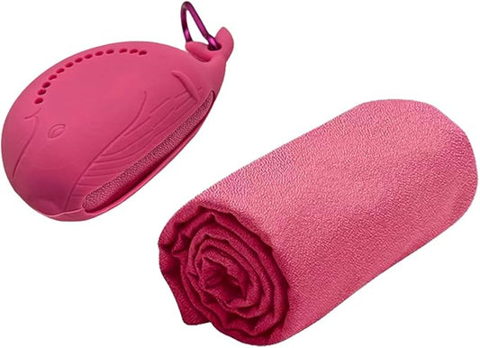 FANCAME Quick Dry Towel with Whale Silicone Sleeve Microfiber Sports Travel Towel Soft Breathable Cooling Towel Absorbent Compact Beach Towels,Suitable for Gym,Camping and Yoga (Rose, 11‘’x 31‘’)
