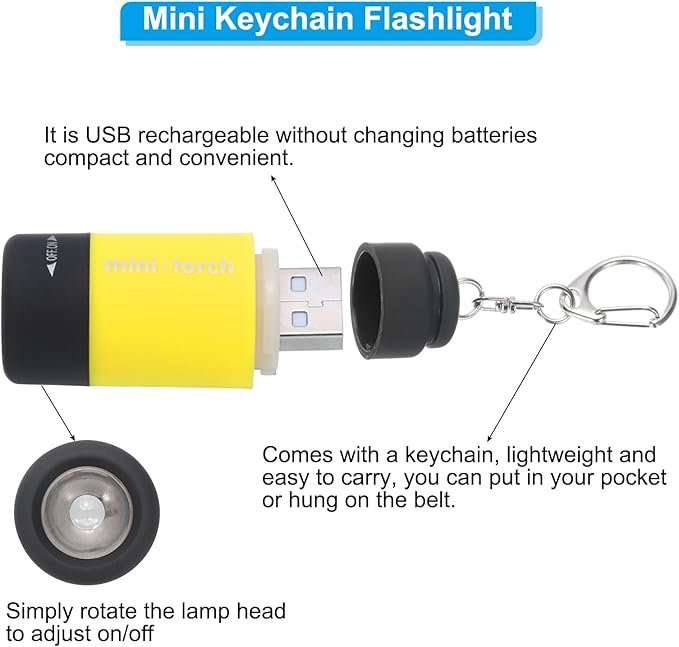 PATIKIL Mini Keychain Flashlight, Pocket LED Flashlight Portable Torch USB Rechargeable for Outdoor Camping Party, Yellow