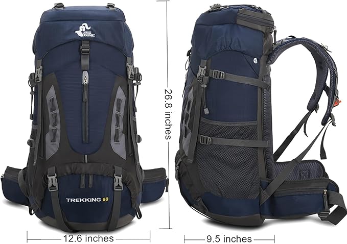 Bseash 60L Hiking Camping Backpack with Rain Cover, Waterproof Large Capacity Outdoor Sport Travel Daypack Climbing Touring (Navy Blue)