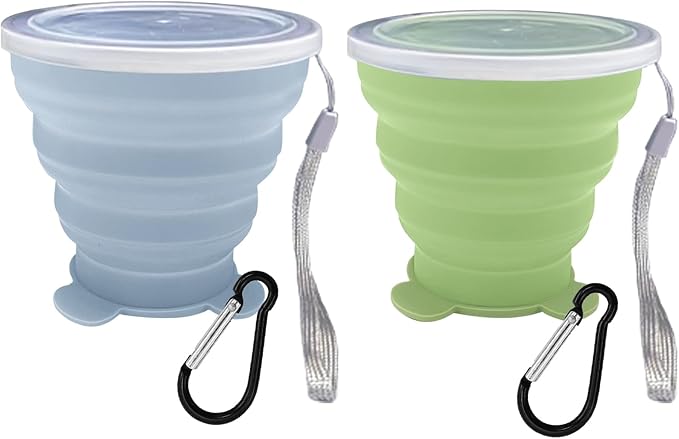 2 Collapsible Cup - Silicone Small Foldable Cup-Expandable Folding Drinking Cup -Reusable Portable Mugs Cup with Lids For Travel, Camping, Hiking, Survival, Holiday Vacation, Outdoor Sports