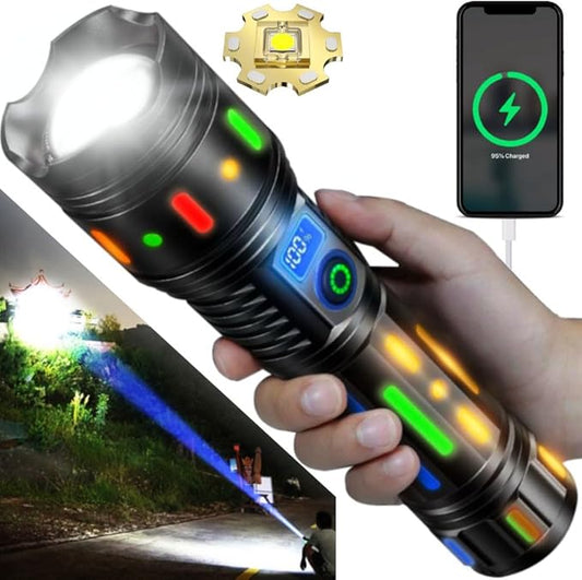 High Powered Handheld Flashlight, Rechargeable LED Flashlights with a Long-range Reach, Colorful Fluorescent Strips Body, Mechanically Zoomable, for Hunting, Searching, Fishing, Exploring, Camping