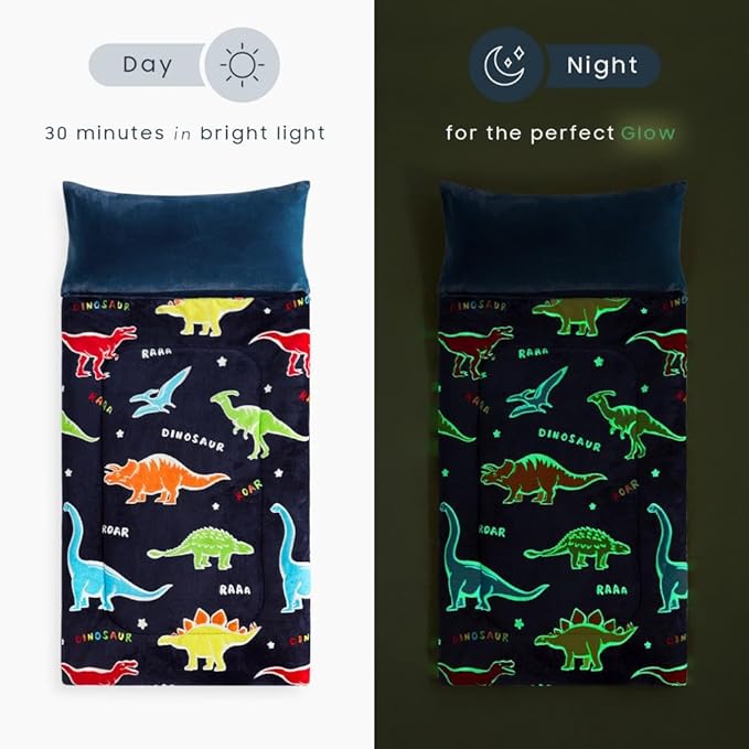 Wake In Cloud - Glow in the Dark Sleeping Bag with Pillow, Fleece Nap Mat for Toddler Kids Boys Girls, Winter Cold Weather Daycare Kindergarten Sleepover Travel Camping, Colorful Dinosaur on Dark Navy