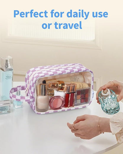 Narwey Checkered Clear Makeup Bag Cosmetic Bag with Zipper for Travel, Clear Toiletry Bags for Traveling Toiletries Women Men, Make Up Pouch with Handle, Skincare Bag (Purple Checkerboard)
