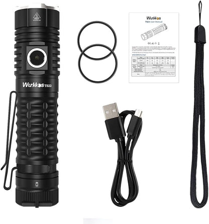 Wurkkos LED Flashlight Rechargeable High Lumen - TS22 4500 Lumens Super Bright EDC Flashlight USB C Charging IP68 Waterproof Regulated Output for Dog Walking Ramping Emergency Hiking