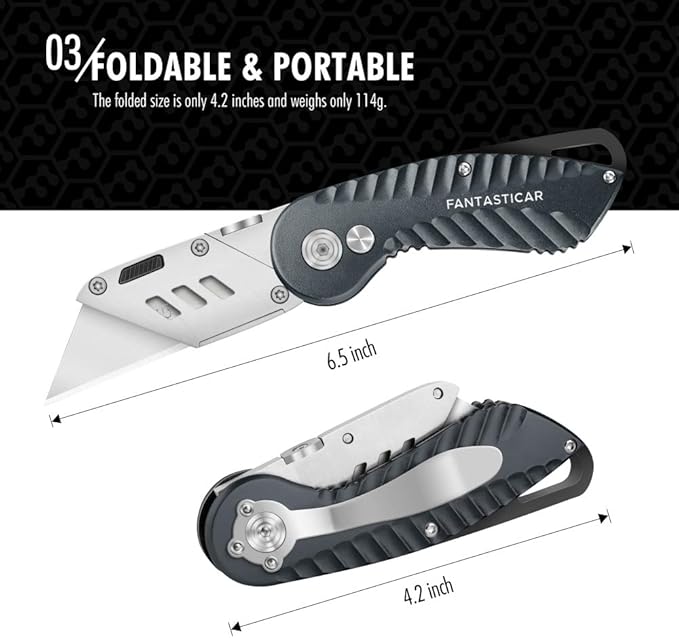 FantastiCAR Folding Utility Knife, Quick Blade Change Box Cutter, Anti-slip Metal Body, with Safety Lock and 5 Extra Blades (Grey)
