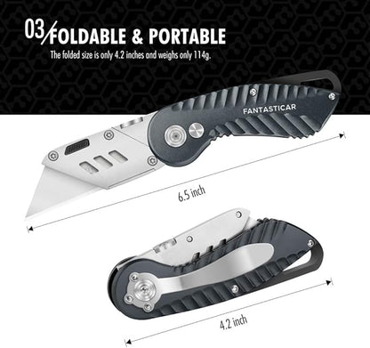FantastiCAR Folding Utility Knife, Quick Blade Change Box Cutter, Anti-slip Metal Body, with Safety Lock and 5 Extra Blades (Grey)