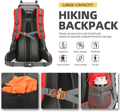 60L Hiking Backpack Lightweight Camping Backpack with Rain Cover Large Waterproof Packable Outdoor Trekking Travel Backpack for Men Women (Red)