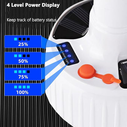 LED Camping Tent Solar Bulb Lantern Lights 5 Mode USB Rechargeable with Remote Control Portable Light Hanging Outdoor Fishing Emergency Courtyard Garden 4 Power Display Outdoor 1pack