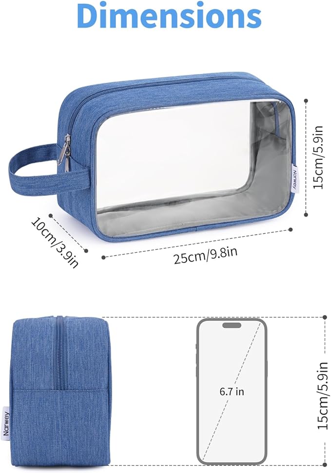 Narwey Clear Travel Toiletry Bags for Traveling Toiletries Men Women, Clear Makeup Bag Cosmetic Bag with Zipper, Make Up Pouch Organizer Bags with Handle, Skincare Bag (Navy Blue)