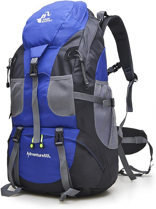 Bseash 50L Hiking Backpack, Water Resistant Lightweight Outdoor Sport Daypack Travel Bag for Camping Climbing Touring (Blue - No Shoe Compartment)