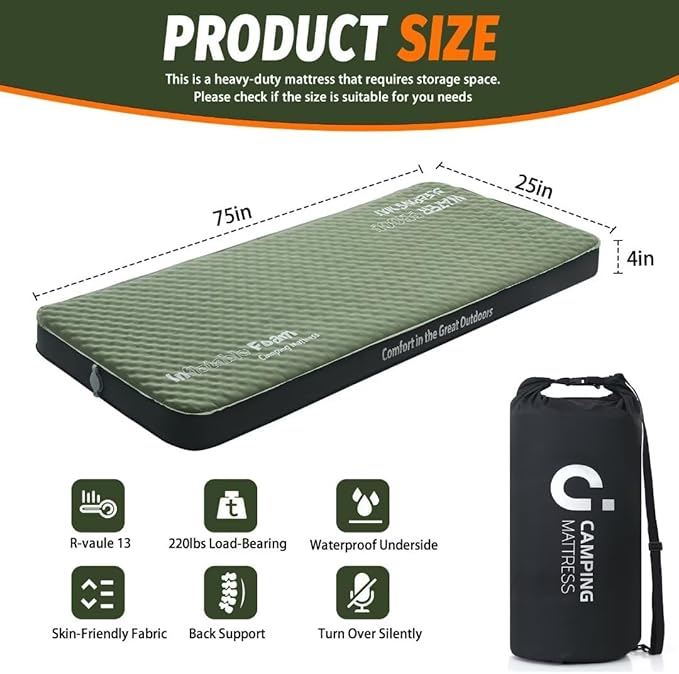 Cymula Camping Mattress 4 Ultra-Thick Self Inflating Sleeping Pad with Pump Sack with Memory Foam for Camping Bed 4-Season,Travel,Car,Tent,Home (75"x25"x4" Small Single)