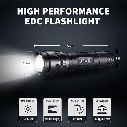 ULTRAFIRE LED Flashlight Single Mode Zoomable 1000 Lumens Super Bright EDC Flashlight, Small Waterproof Flash Light, Adjustable Focus Tactical Flashlight, 502Z (Battery Not Included)