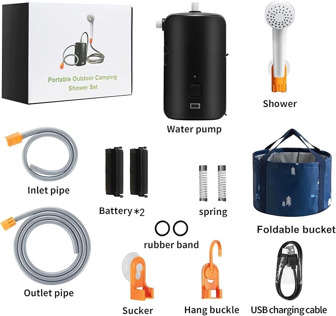 Portable Outdoor Shower, 4400 mAh Removable Rechargeable Battery, with LED Light, Battery Powered Shower Pump+Collapsible Bucket, Suitable for Hiking/Backpacking, Camping, Travel, Beach, Pet