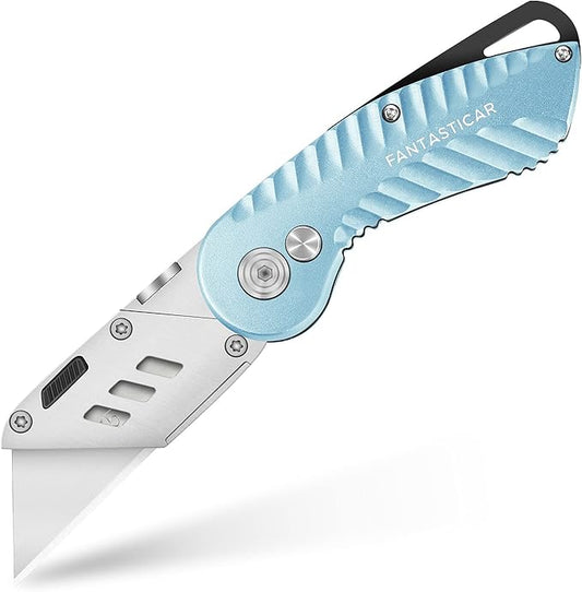 FantastiCAR Folding Utility Knife Gift Box Cutter Plume Type Metal Body, with 5-Piece Extra Blades (Sky Blue)